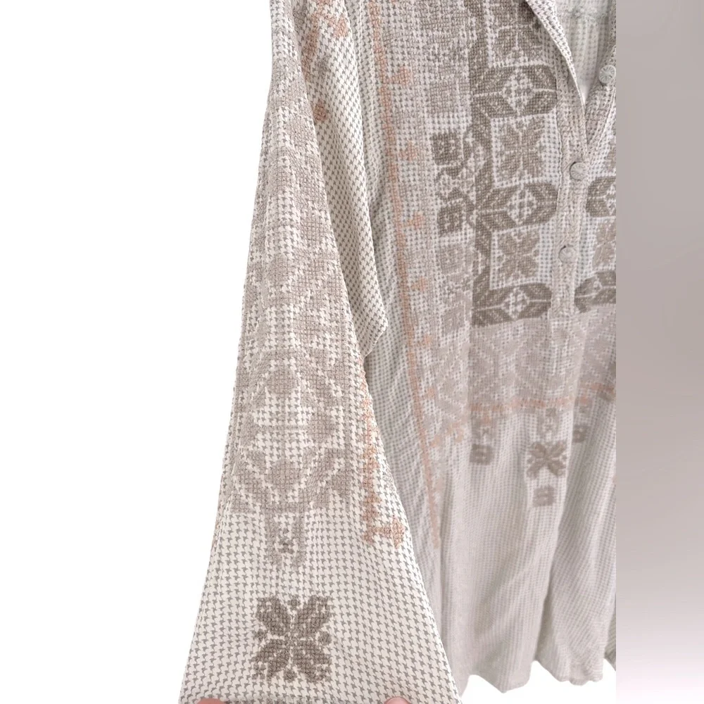 Johnny Was Biya 100% Silk Beige Embroidered Tunic Shirt Dress Boho Cottagecore M - Picture 5 of 11